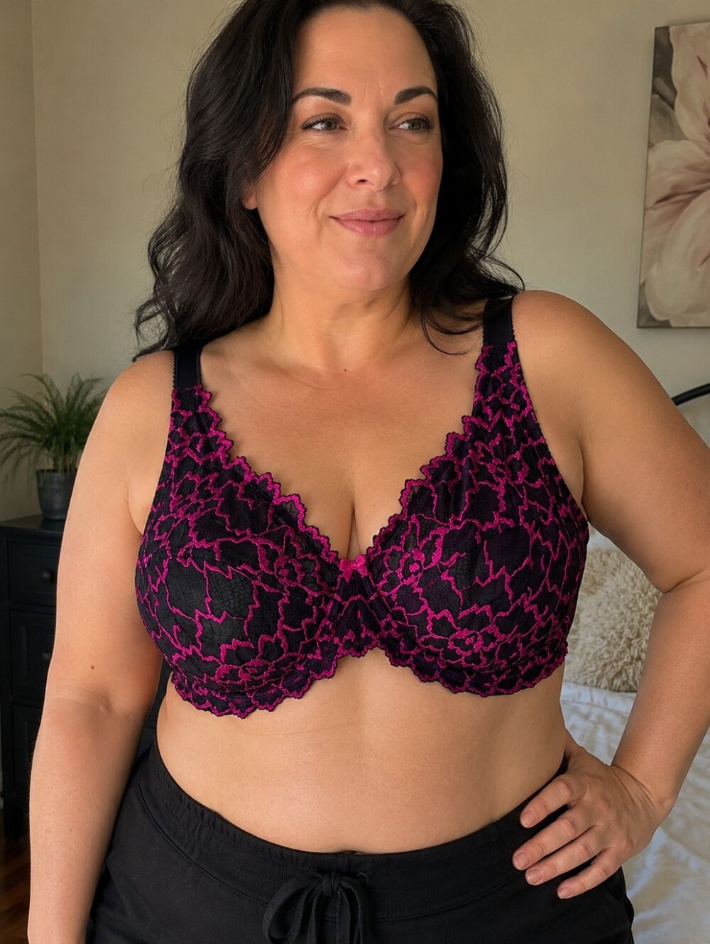 Voglo Black & Fuchsia Lace Underwire Bra Size 44C